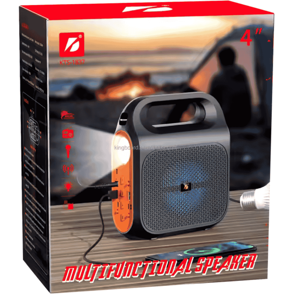 Box packaging of KTS-1837 solar portable speaker with printed features