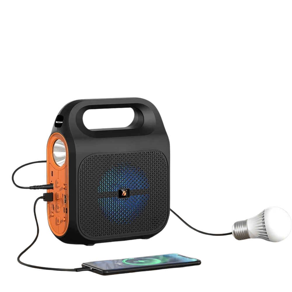 Black portable power station with orange outlet, connected to a phone and light bulb on a white background