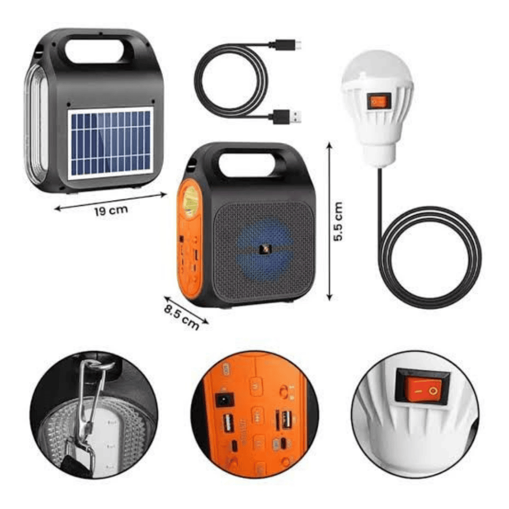 Solar-powered portable power station with components and measurements on a white background