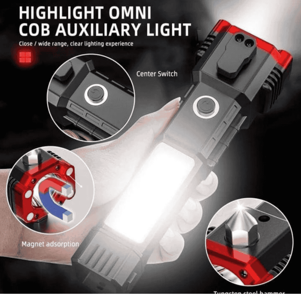 Left side view displaying the emergency tools integrated into the flashlight
