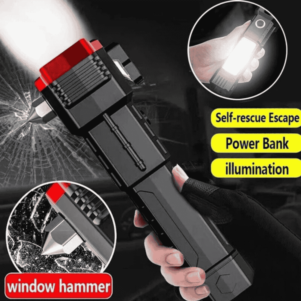 Side view showcasing the flashlight's built-in tools and features