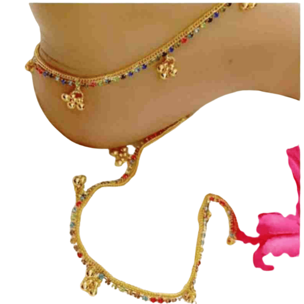 Left side angle of gold anklet with colorful details