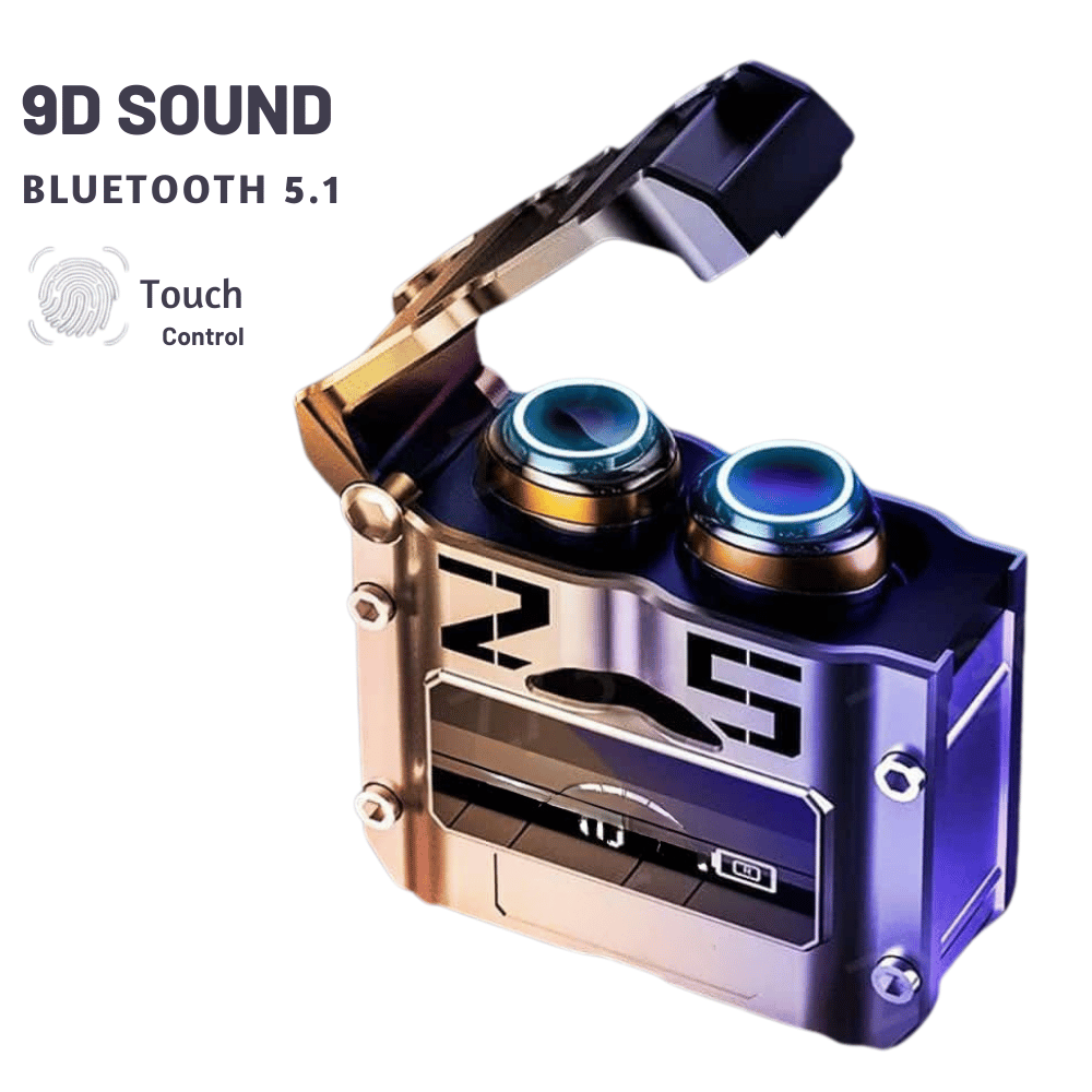 Alternate angle of M25 earbuds and accessories with lighting effect