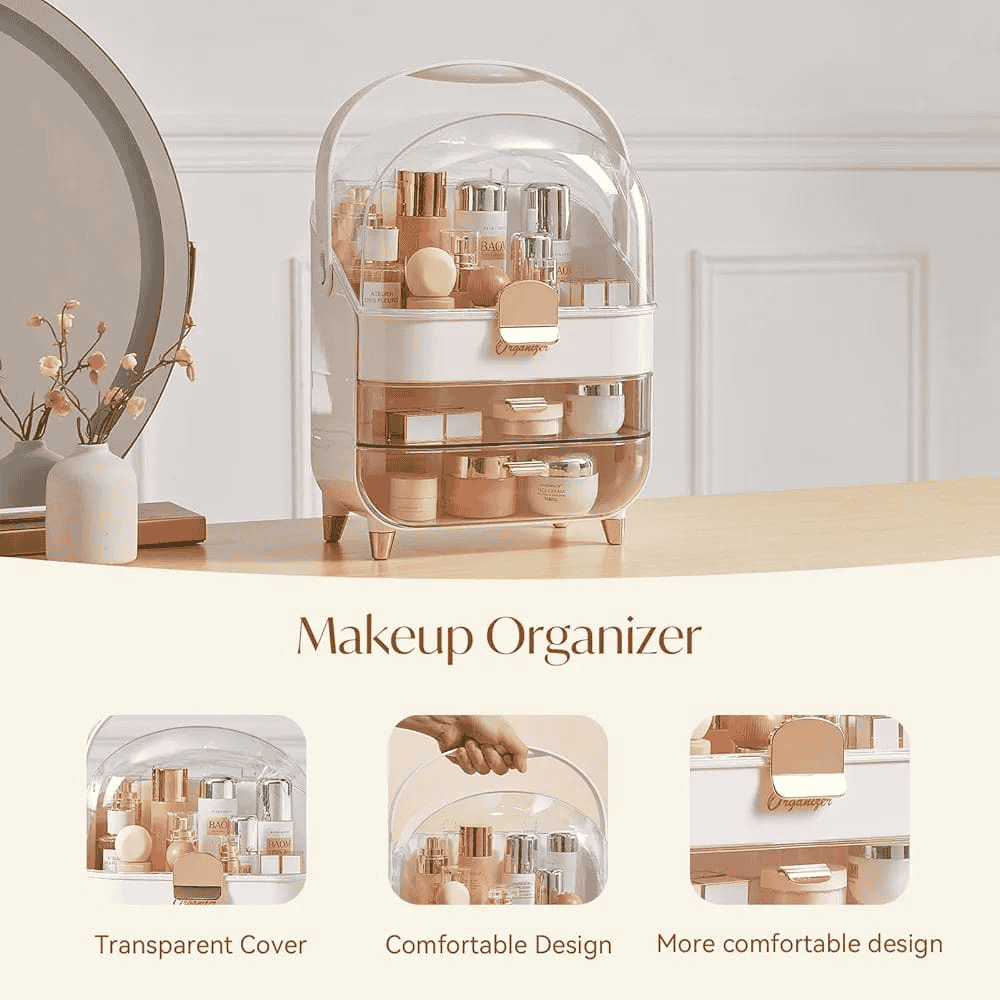 Makeup organizer with transparent cover on a table with decorative elements.
