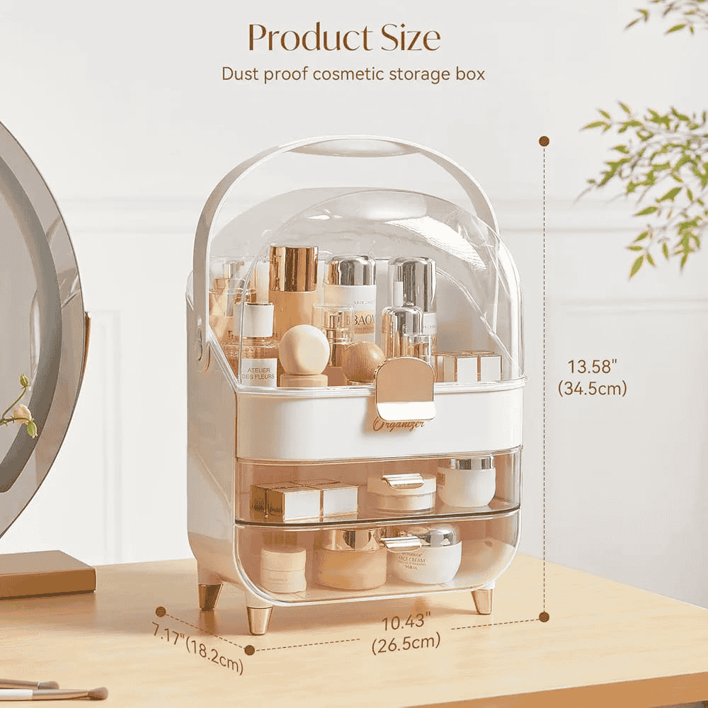 Dust-proof cosmetic storage box with skincare products on a wooden surface, measurements displayed.