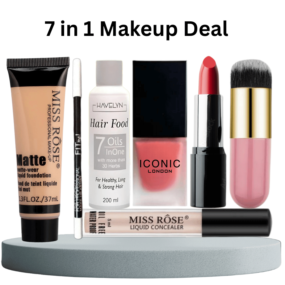 Complete 7 in 1 makeup bundle with foundation, concealer, lipstick, nail polish, eyeliner, brush, and hair oil