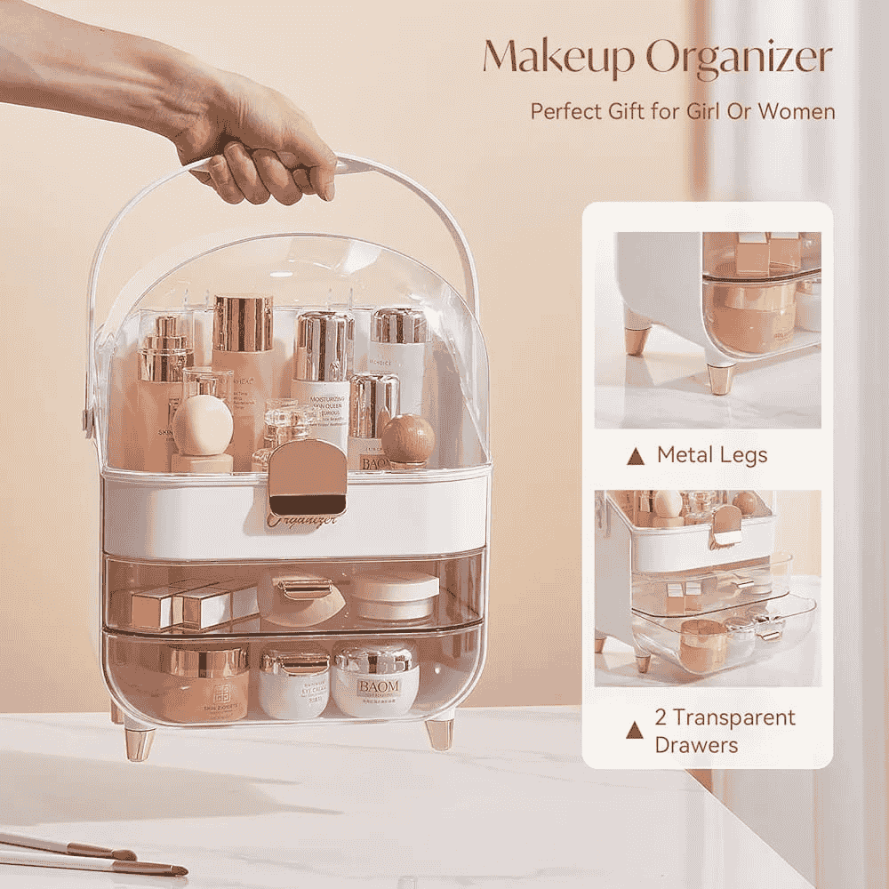 Makeup organizer with cosmetic products on a neutral background