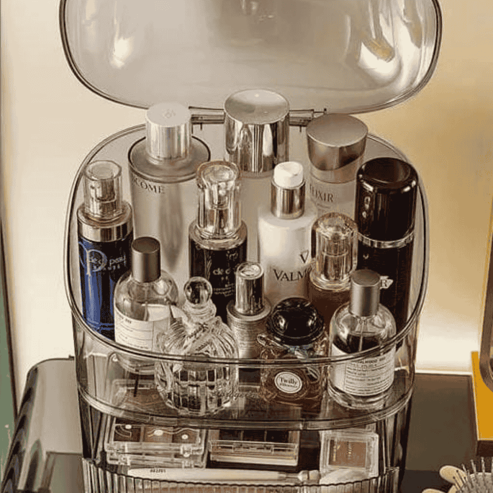 Close-up of acrylic cosmetic organizer showing compartments