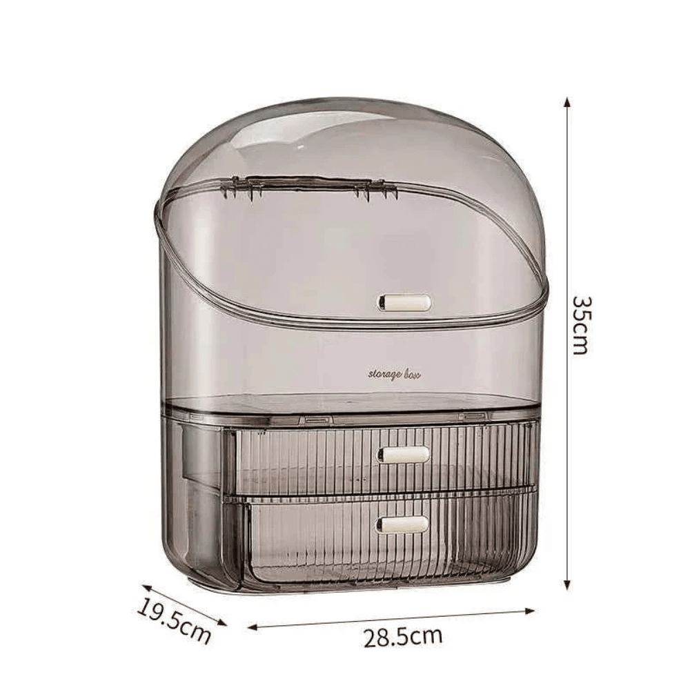 Transparent storage bin with dimensions labeled on a white background