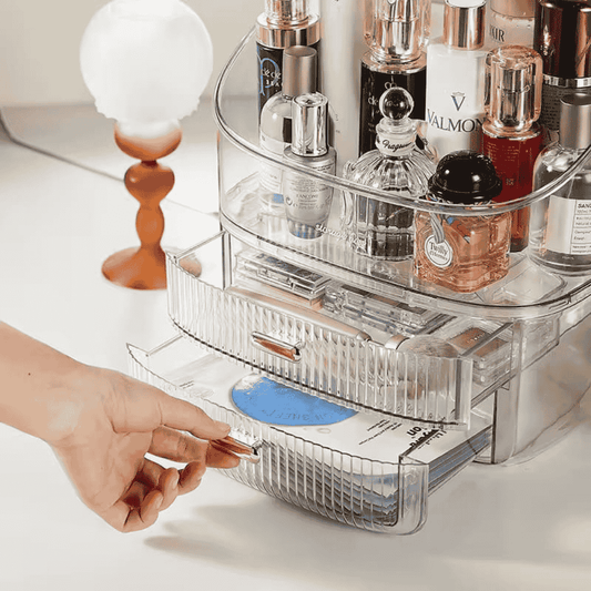 Clear plastic organizer with cosmetic bottles on a white surface