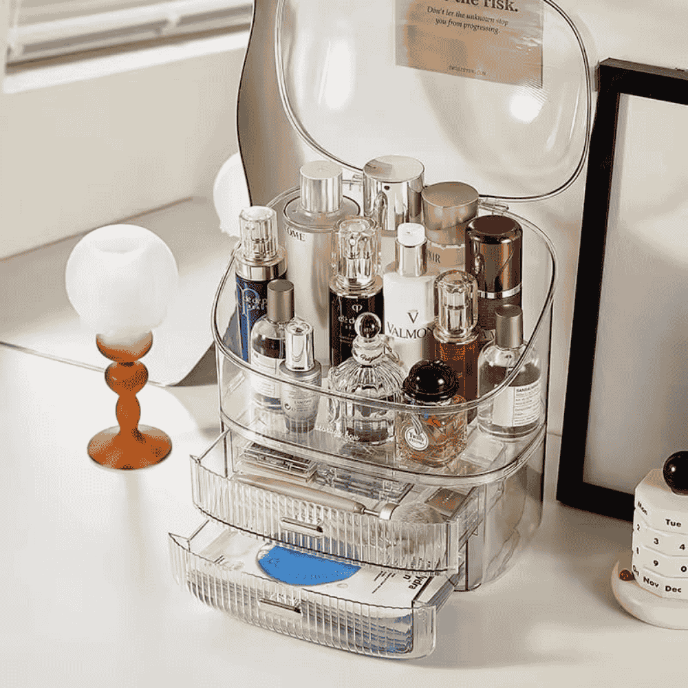 Clear cosmetic organizer with various bottles on a desk