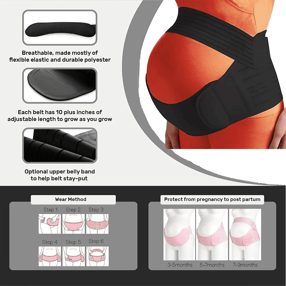 Black maternity belt with features and usage instructions on a white background