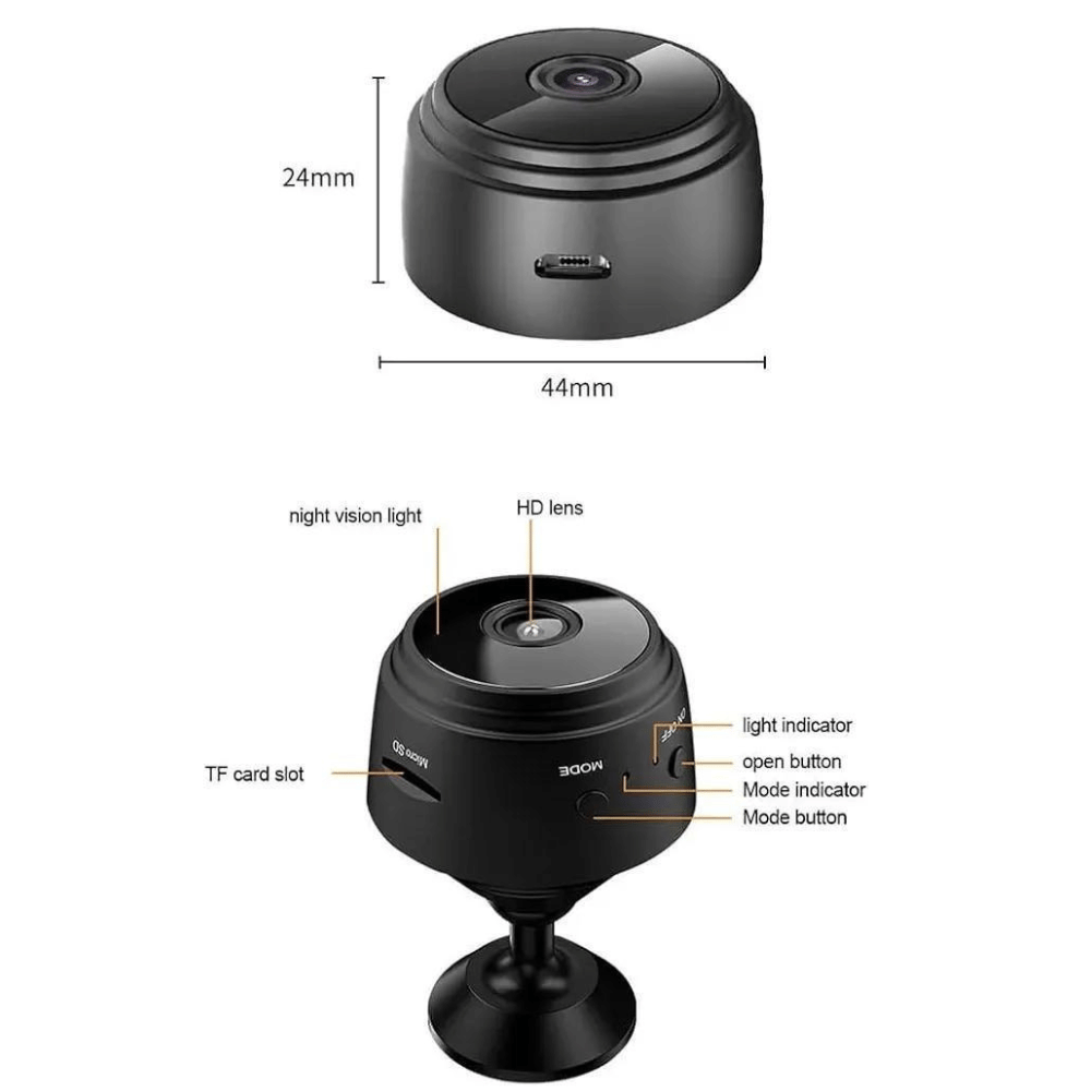 Black camera with labeled features and dimensions on a white background