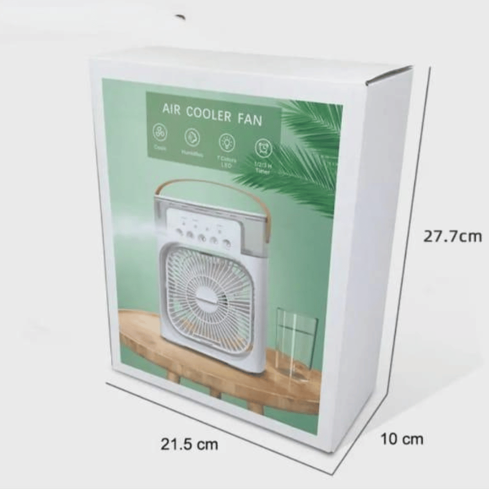 Air cooler fan packaging with dimensions on a white background