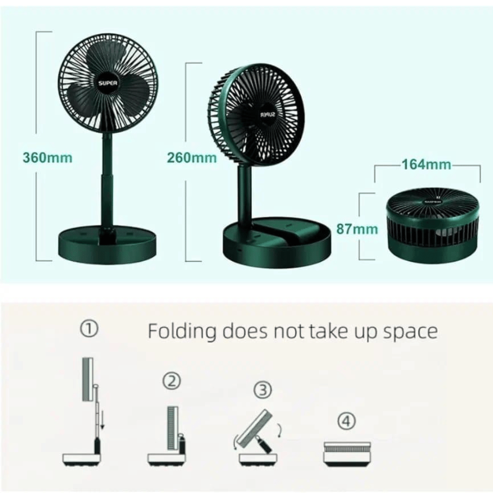Portable fan with dimensions and folding mechanism illustration on a light blue background
