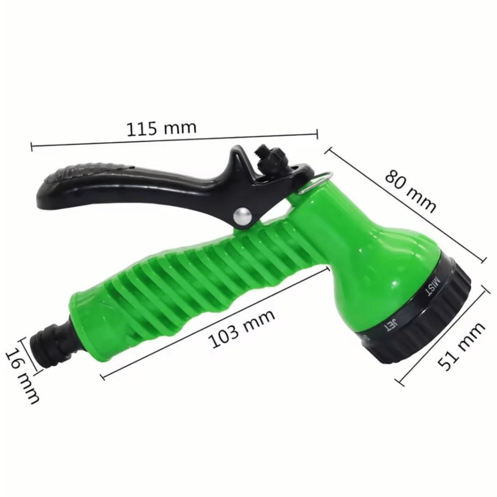 Green garden hose nozzle with measurements on a white background