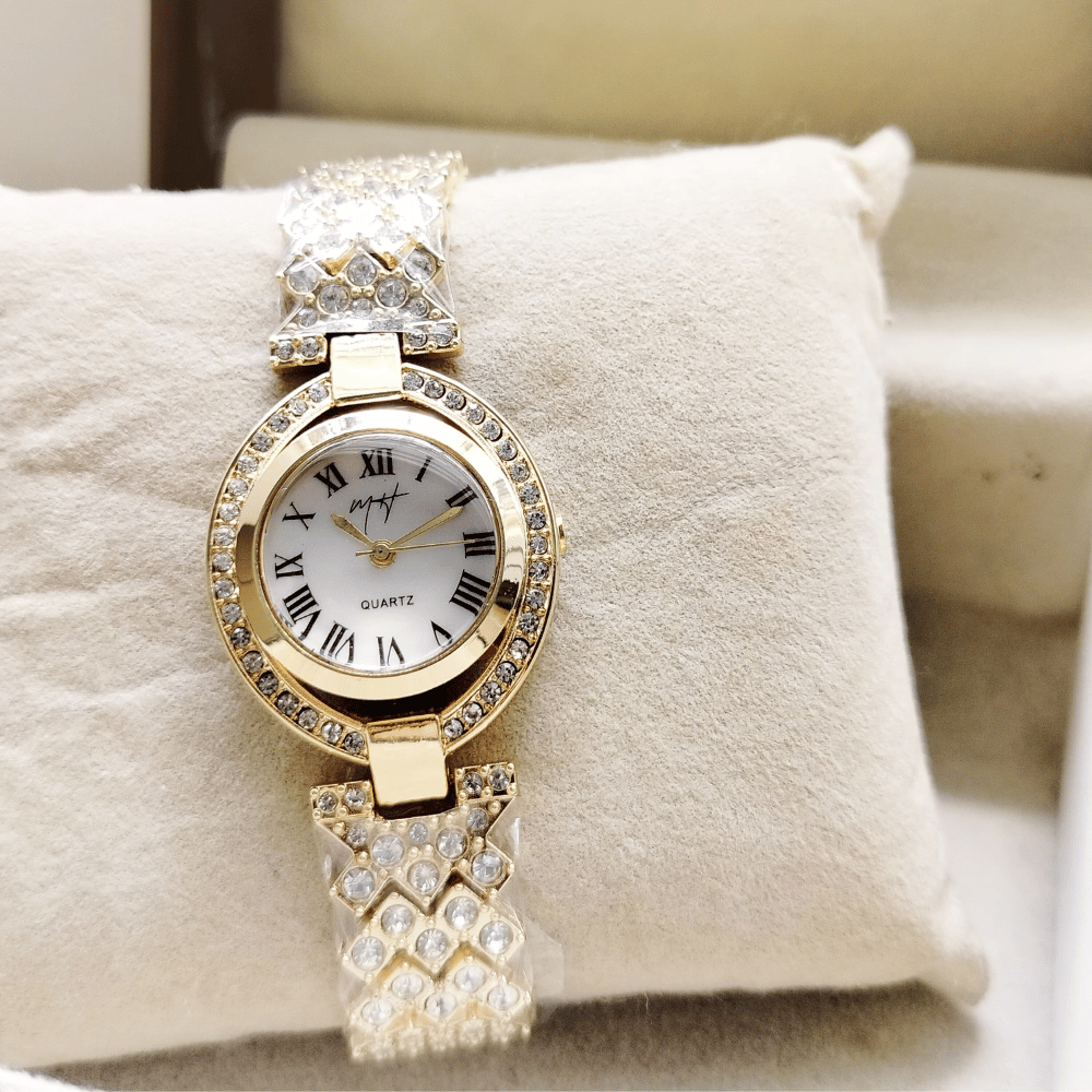 Full view of rose variant of MH Stone ladies jewelry watch.