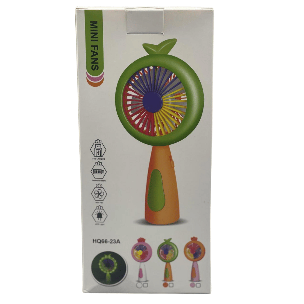 Box packaging of a colorful mini fan with branding and product details.