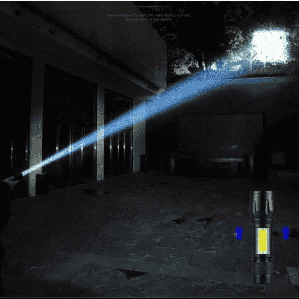 Futuristic weapon emitting a beam in a dark, indoor setting with a flashlight visible.