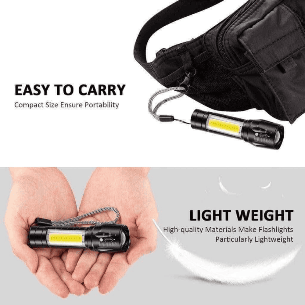 Flashlight held in a hand with text indicating ease of carrying and light weight, and a black pouch in the background.