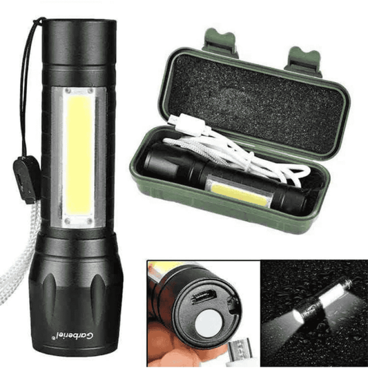 Black flashlight with USB cable in green case on white background
