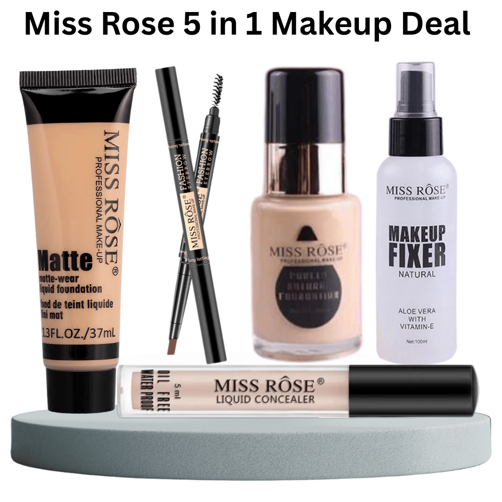 Miss Rose 5 in 1 makeup deal bundle with foundation, concealer, and eyebrow pencil