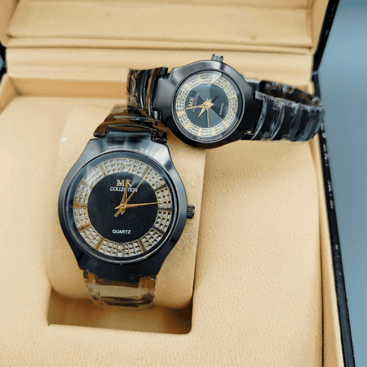 Front view showcasing the black MK couple watch with silver accents