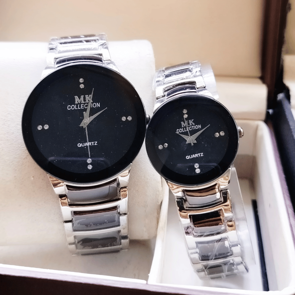 Main view of MK Collection silver couple watch set.