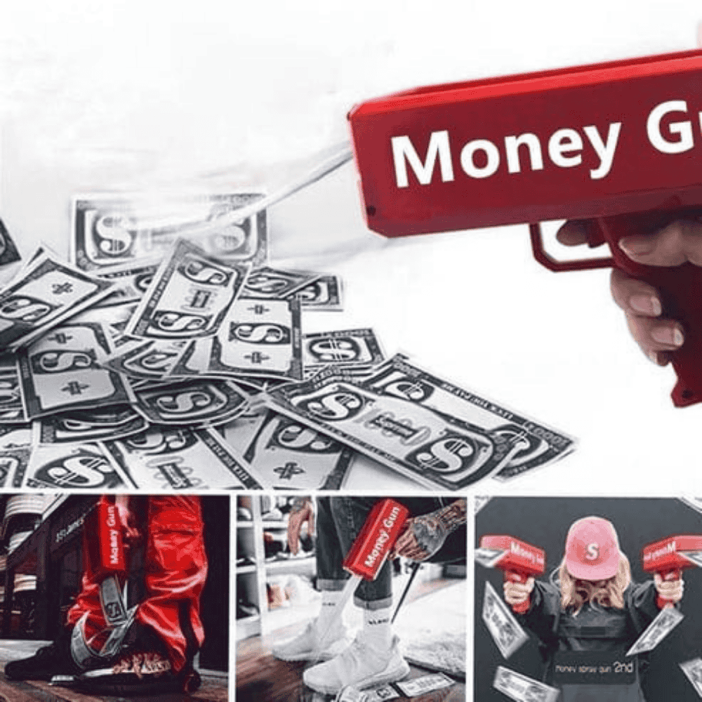 Multiple views of money gun displaying usage and design