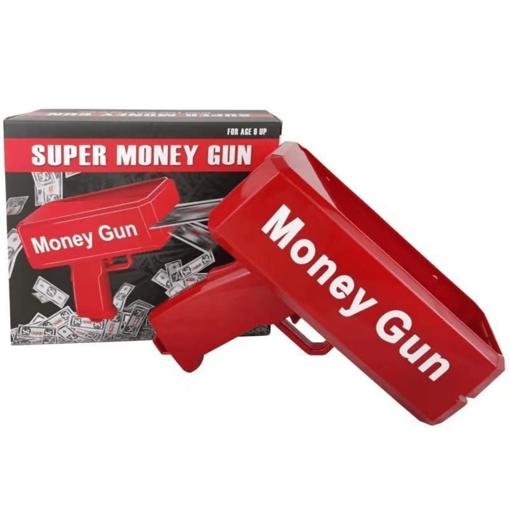 Red money gun shown alongside its packaging