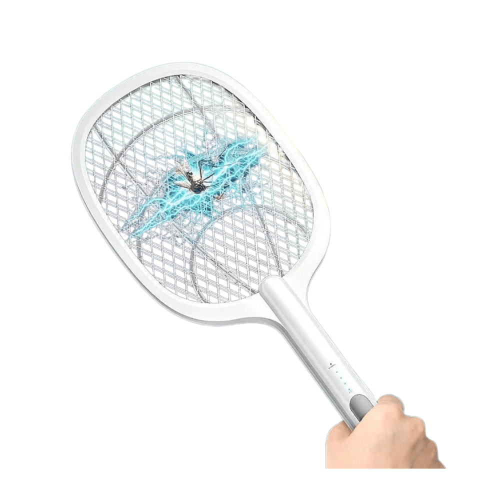Side view of white mosquito killer racket showcasing ergonomic handle