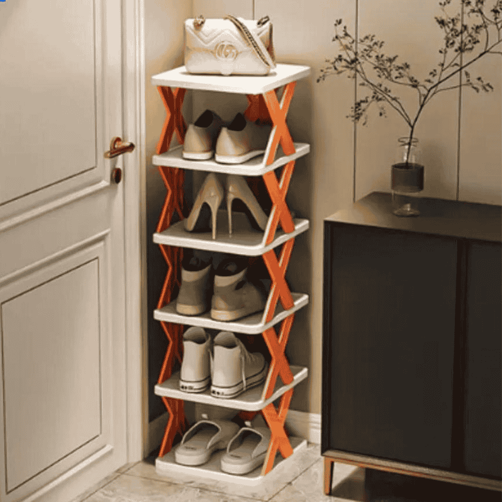 5-layer stackable shoe rack placed beside a door