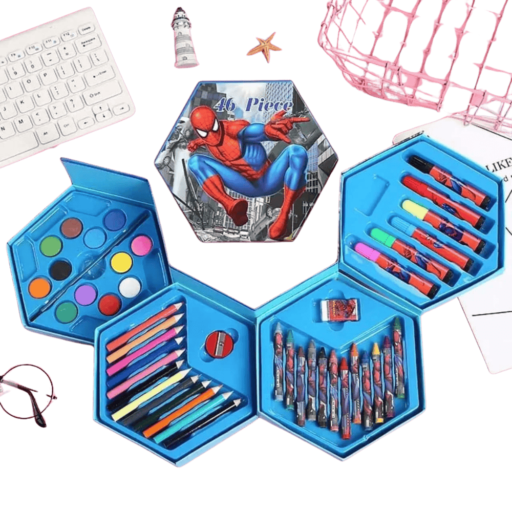Close-up of the blue art set showcasing included supplies