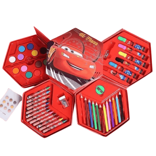 Front view of the red multicolor art box coloring set