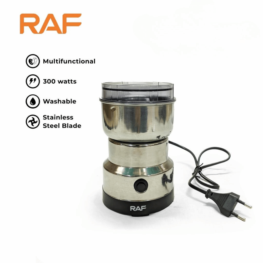 RAF coffee grinder with features listed on a white background
