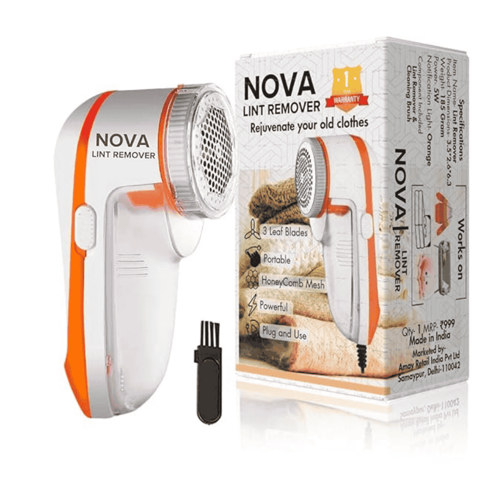 Nova lint remover with packaging and additional tool on a white background