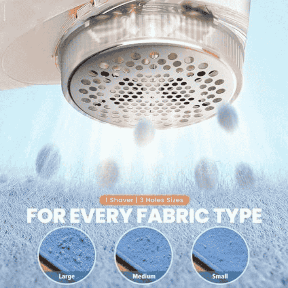 Shower head with water droplets and fabric types shown below on a blue background