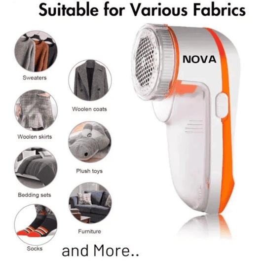 NOVA fabric shaver with images of fabrics it can be used on