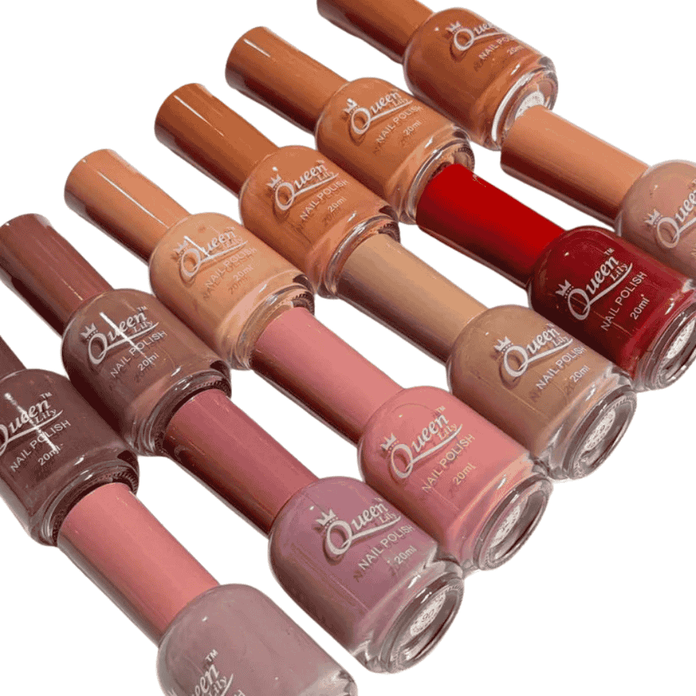 Close-up of multiple nude nail paint bottles