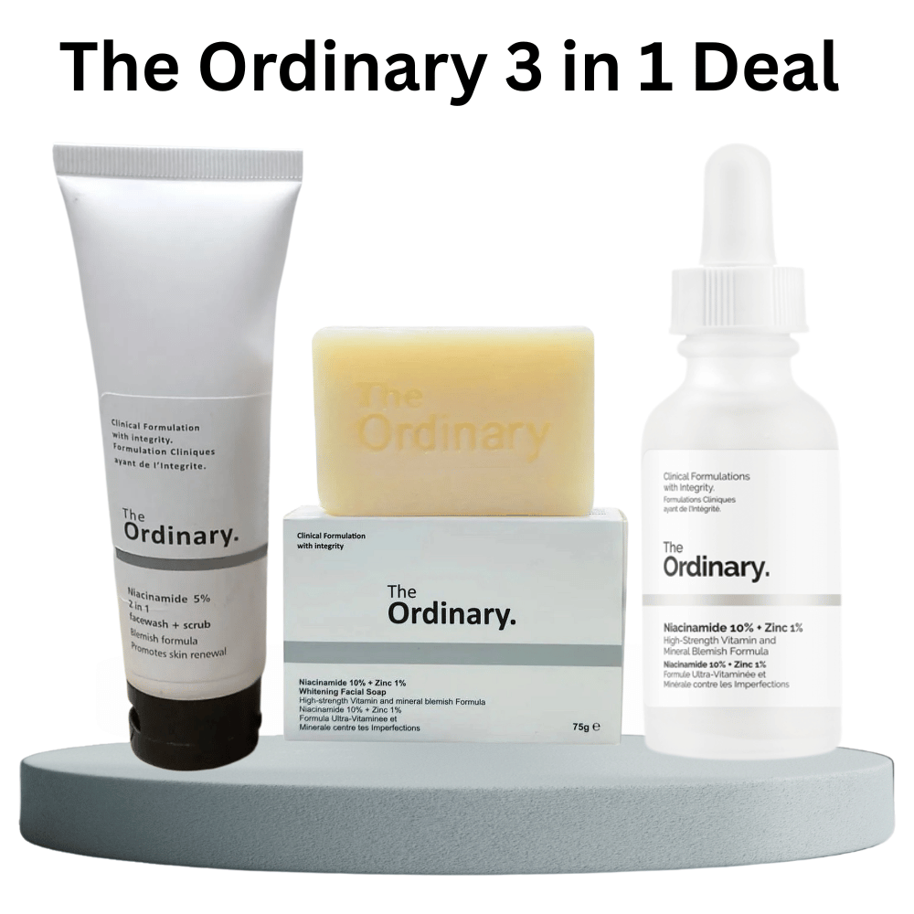 The Ordinary 3 in 1 Niacinamide skincare deal including serum, facial soap, and scrub