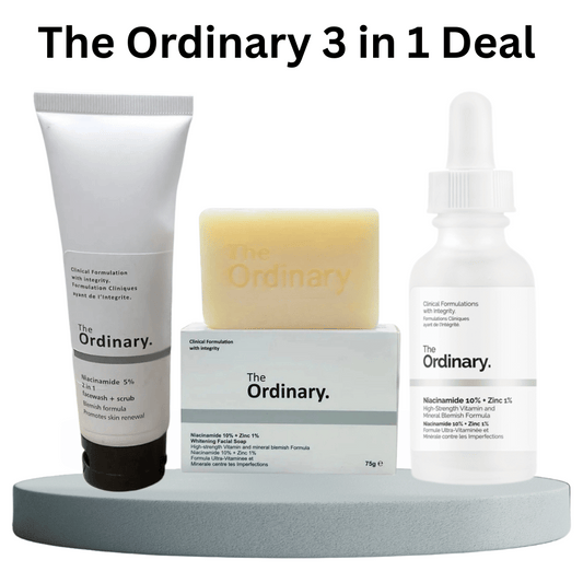 The Ordinary 3 in 1 Niacinamide skincare deal including serum, facial soap, and scrub