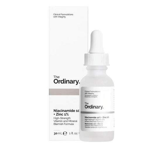 The Ordinary Niacinamide 10% + Zinc 1% serum bottle for oil control and blemishes with box