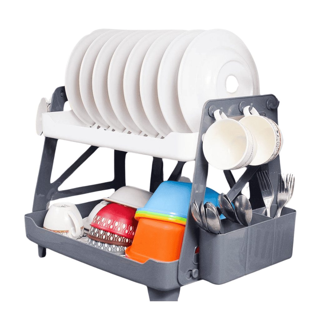 Full view of 2-tier organizer shelf setup on a desk