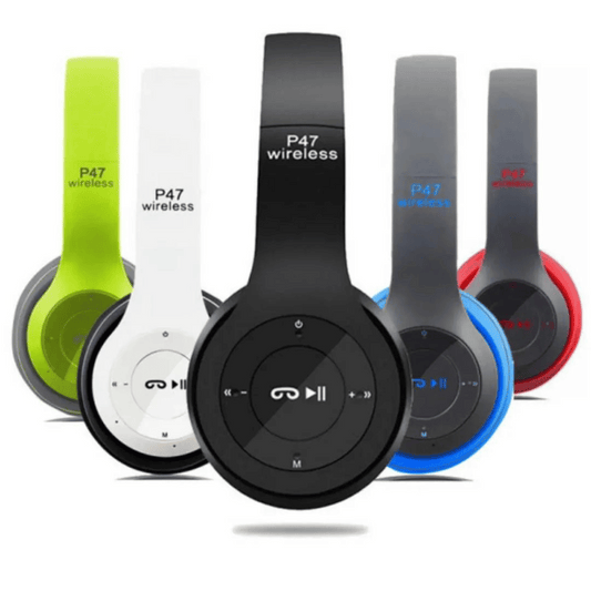 Multiple color variants of P47 headphones with retail boxes displayed.
