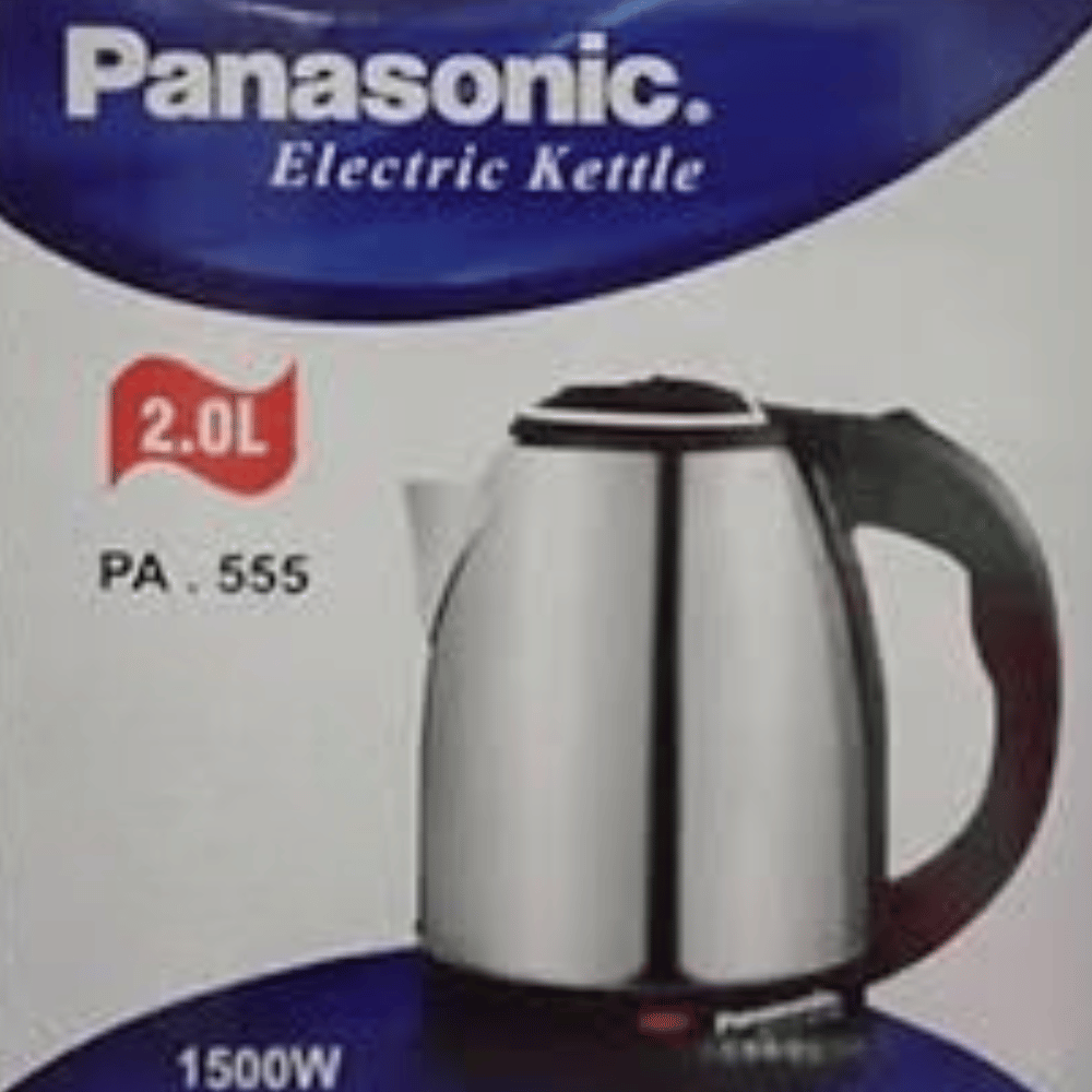 Panasonic electric kettle packaging with product details on a white background