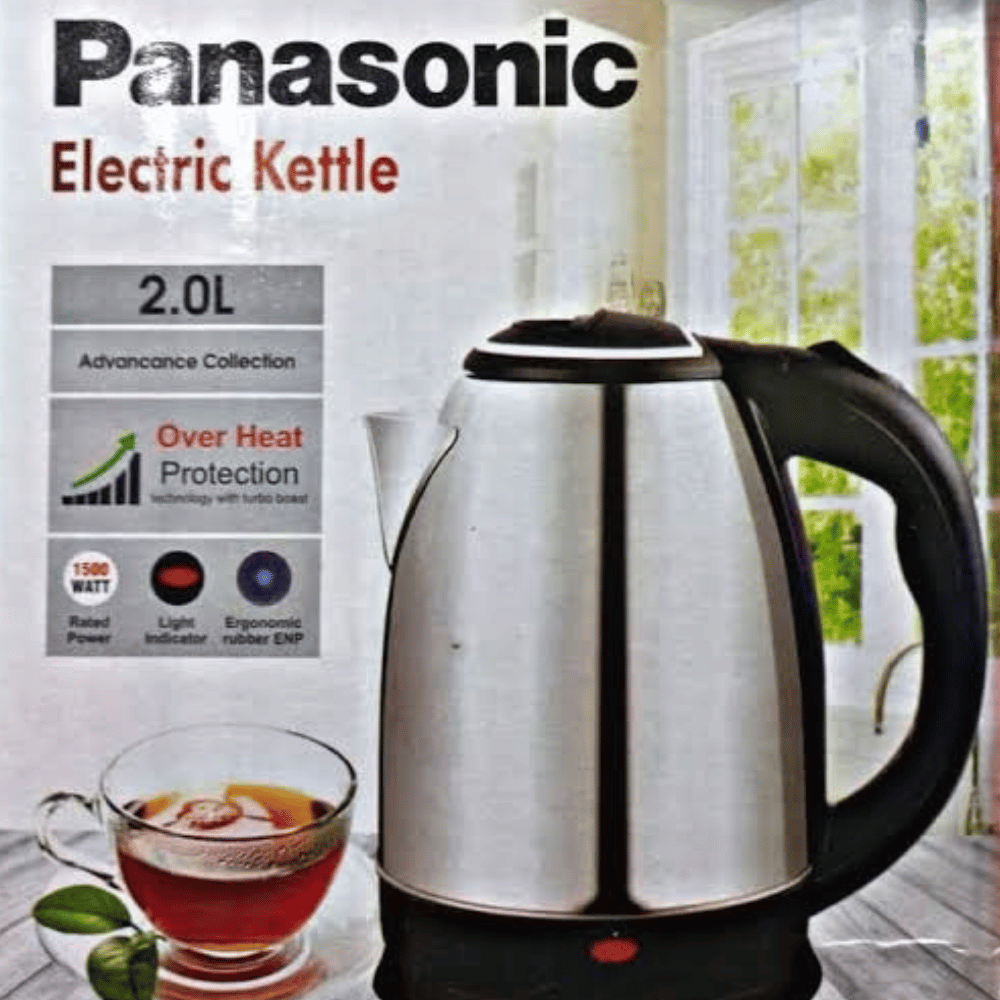 Panasonic electric kettle with tea cup on a kitchen counter