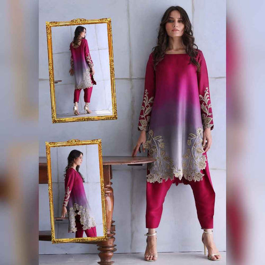 Peacock Shamooz Silk Embroidered 3 Piece Unstitched Suit | Tie & Dye Digital Silk Collection