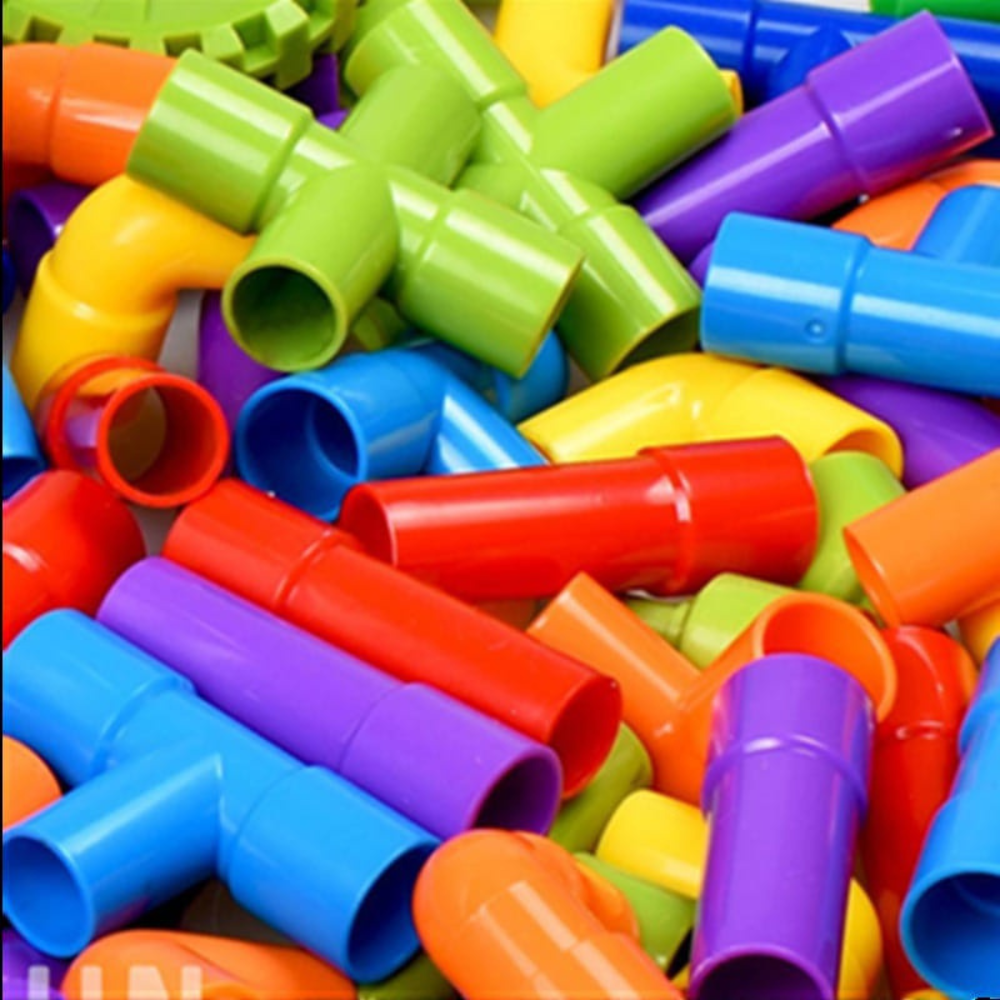 Front display of 42 multicolor pipe pieces