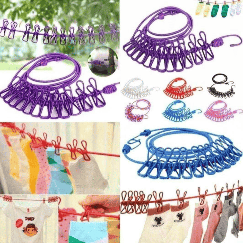 Multiple angles of the portable retractable clothesline with 12 clips