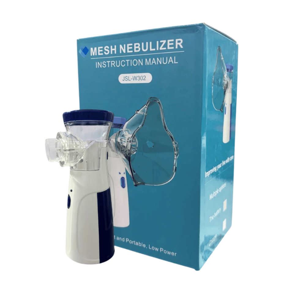 Mesh Nebulizer with its packaging and instruction manual on a white background